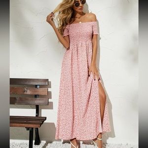 Pink and white Floral off shoulder split thigh maxi dress